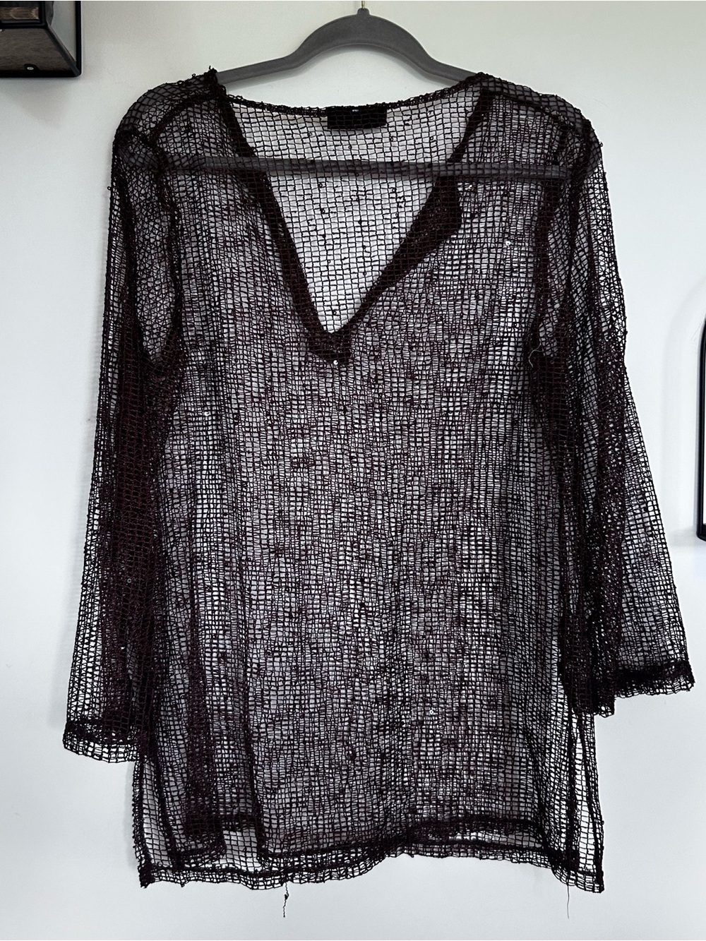 La Blanca by Rod Bettie Brown Sequin Netted Long Sleeve Swim Coverup Top - Picture 2 of 5